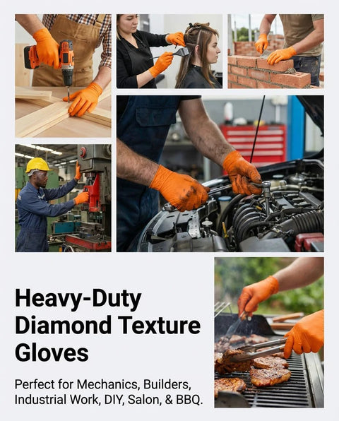 Orange 9 mil nitrile gloves with diamond-texture grip shown in collage of drilling, bricklaying, car repair, grilling.