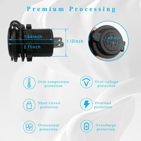 Waterproof Dual Usb Cigarette Lighter Adapter With Lid, 2.1A Fast Charge Dual Port Outlet For 12V 24V Car Boat RV ATV Truck US with size details.