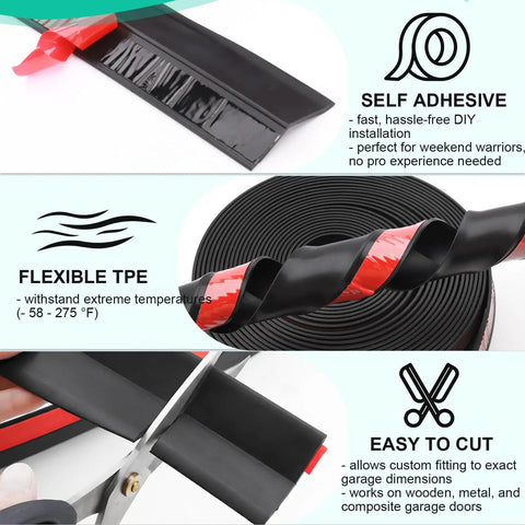 Heavy Duty Garage Door Seal Top And Sides Kit 36 Foot Black Flexible TPE Self Adhesive Weather Stripping Universal Replacement