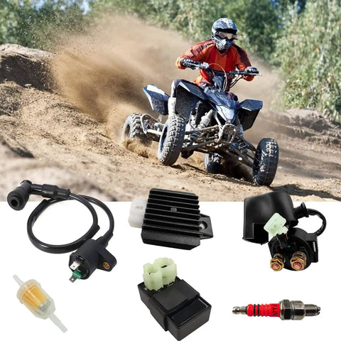 Beefed Up High Performance 6 Pin Ignition Coil Kit For 50cc 70cc 90cc 110cc 125cc 150cc Taotao Scooters ATVs Mopeds And Go Karts, shown with riding ATV