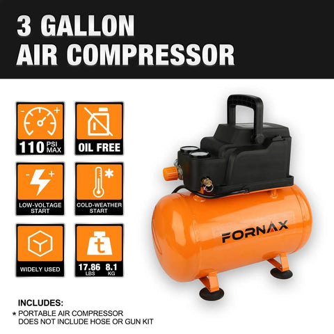 Tough As Nails 3 Gallon Portable Air Compressor Oil Free Pump 110 Psi Max Pressure shown in orange, ideal for garage tasks.