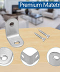 20 Pack Stainless Steel L Shaped Corner Braces 1 Inch By 1 Inch Right Angle Fasteners with screws on wooden surface.