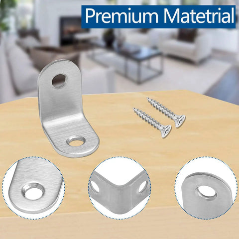 20 Pack Stainless Steel L Shaped Corner Braces 1 Inch By 1 Inch Right Angle Fasteners with screws on wooden surface.