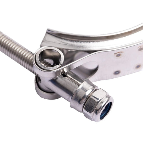 Close-up of stainless steel 304 V Band Clamp with Flanges Quick Release Kit for Exhaust Pipes 1.75 Inch No Gasket Needed