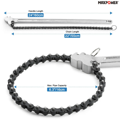 24 Inch Chain Wrench With 6.3 Inch Pipe Capacity Heavy Duty Chromium Vanadium Steel I Beam Handle Anti Skid Chrome Chain