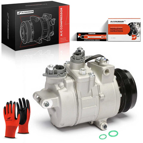 Heavy Duty AC Climate Control Compressor Assembly With Four Groove Pulley And Prefilled Oil For 2013 To 2019 Ford Explorer And Police Interceptor showing compressor and accessories.