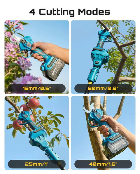 4 cutting modes of 2-In-1 Pole Pruning Shears With 1.6 Inch Cutting Diameter Cordless Electric Pruner shown in use.