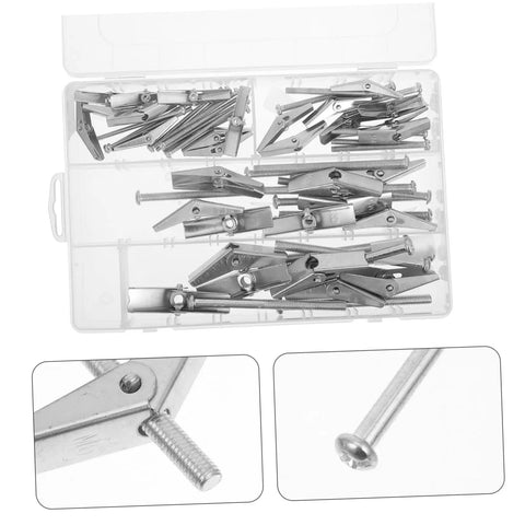 32 Piece Toggle Bolts Wing Nut Kit Heavy Duty Metal Drywall Anchors And Assorted Screws For Securely Hanging Heavy Items On Walls Easy Installation And Strong Hold, open case