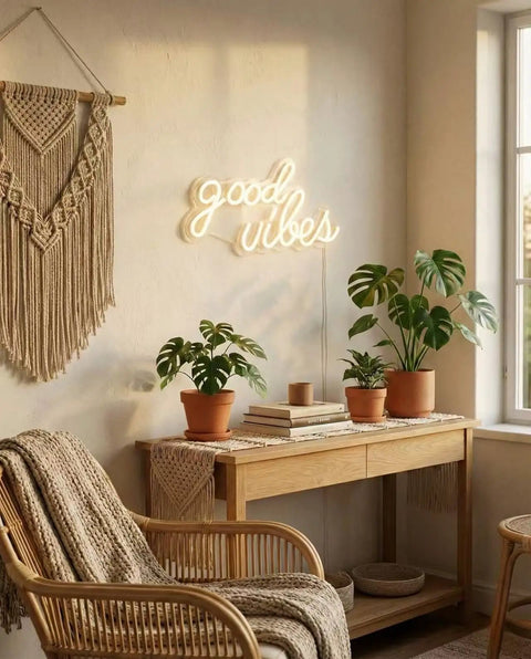 Good Vibes Neon Sign LED Wall Decor With Warm White Glow for living room with boho minimalist modern farmhouse backdrop