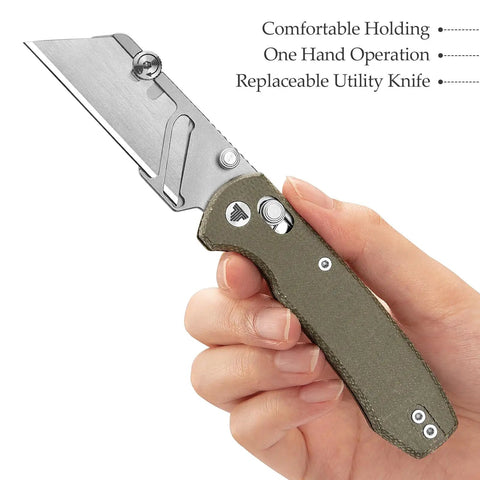 Hand holding Folding Utility Knife With 2.62 Inch Razor Blade, Green Micarta Handle and pocket clip