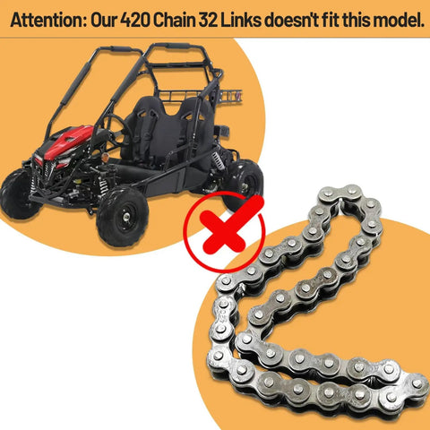 Image of Go Kart with text indicating 420 Chain 32 Links Replacement for Coleman KT196 CK196 196cc 6.5 HP Engine isn't compatible