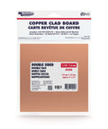 Double Sided FR4 Copper Clad Board 6 Inch By 6 Inch With 1 Oz Copper Per Square Foot One Sixteenth Inch Thick Flame Retardant Translucent Laminate UL Compliant in packaging.