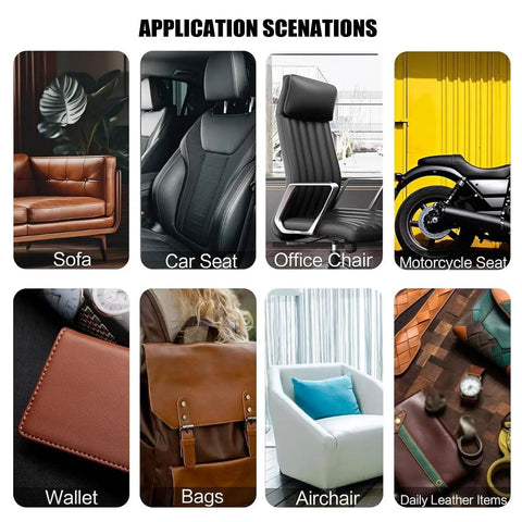 Various applications for Self Adhesive Leather Repair Patch For Car Seats, Sofas And Vinyl Upholstery shown in a grid format.