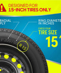 Close-up image showing tire labeled 15-inch for 15 Inch Steel Wheel Hubcaps With Durable Metal Retention Rings, Universal Fit.