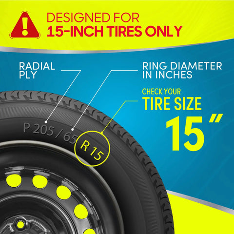 Close-up image showing tire labeled 15-inch for 15 Inch Steel Wheel Hubcaps With Durable Metal Retention Rings, Universal Fit.