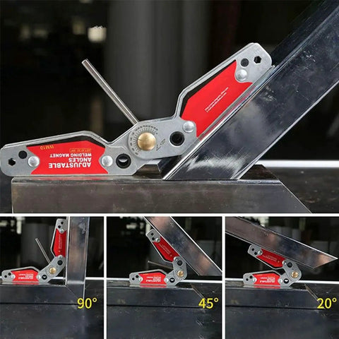 Heavy Duty Magnetic Welding Jig Featuring Rock Solid Grip And Dead Nuts Accurate 20 To 200 Degree Angle Adjustments for precise metal fabrication at 20, 45, and 90 degrees.