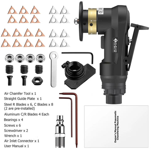Mini Pneumatic Chamfer Tool With 22 Blade Cutter Head, 30000 RPM Beveler For Metal And Wood, tool and accessories displayed