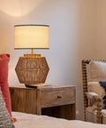 2 Pack Woven Rattan Table Lamps With Plug In Boho White Fabric Shade for nightstand in living room setting