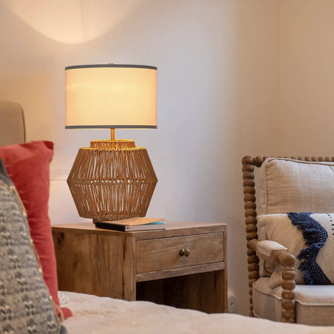 2 Pack Woven Rattan Table Lamps With Plug In Boho White Fabric Shade for nightstand in living room setting