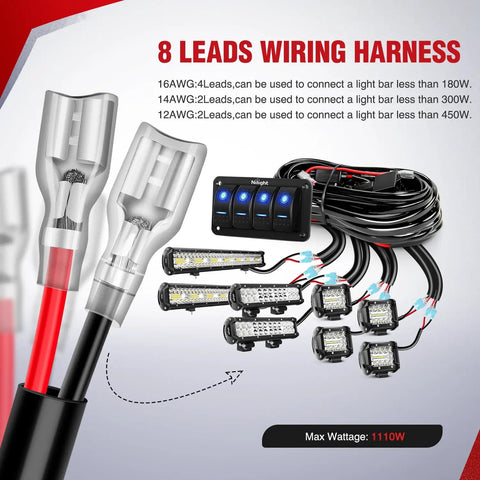 8 leads wiring harness with 16AWG, 14AWG, 12AWG cables, 12V LED Light Bar Wiring Harness Kit With 4 Gang On Off Rocker Switch Panel