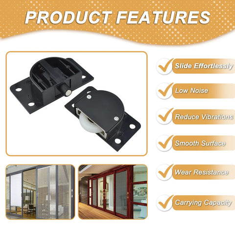 Product image of Two Sets Sliding Door Rollers Pulleys With Silent Nylon Wheels for cabinet and wardrobe doors, black finish.