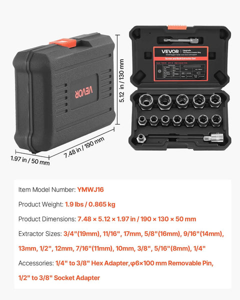 16-Piece Bolt Extractor Kit With Adapters And Pin Punch shown with solid storage case and various extractor sizes