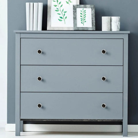 Gray dresser with Black Marble Pattern Cabinet Knobs Set Of 2 For Kitchen Cabinets And Furniture Drawers, 1.37 Inch Diameter.