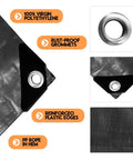 Heavy Duty Waterproof 6X12Ft Tarp Black Poly Tarpaulin For Outdoor Use showing rust-proof grommets and reinforced edges