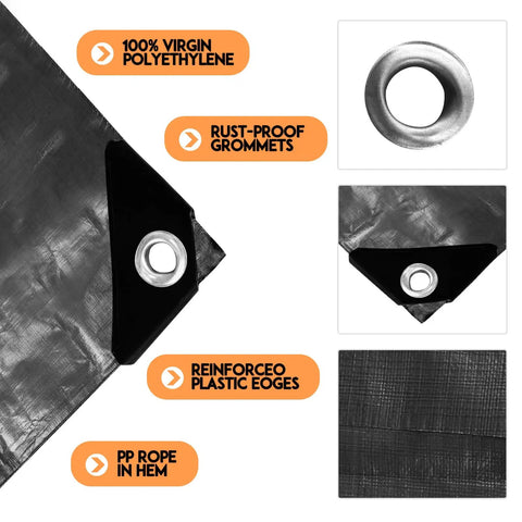 Heavy Duty Waterproof 6X12Ft Tarp Black Poly Tarpaulin For Outdoor Use showing rust-proof grommets and reinforced edges