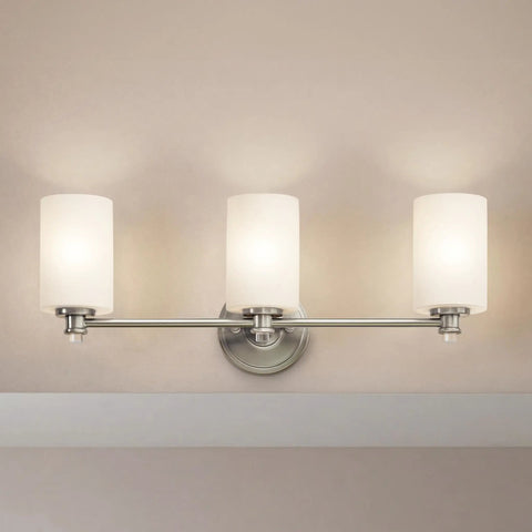 Sleek 3 Light Vanity Light With Satin Etched Opal Glass And Clear Glass Accents In Brushed Nickel Finish Featuring Suspended Cables