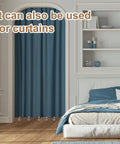 Bedroom with blue curtains and text 'It can also be used for curtains', featuring tablecloth weights with metal clips 12 piece set.