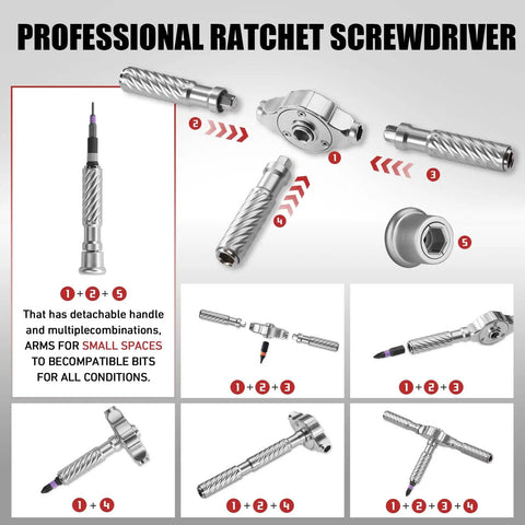 66 In 1 Magnetic Screwdriver Set With S2 Steel Bits, showing ratchet mechanism and detachable handle configuration.