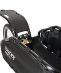 Close-up of Coho XC Single Wheel Off Road Cargo Bike Trailer showing cargo bay, wheel, and coil spring suspension detail.
