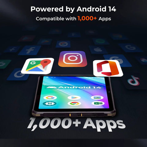 Badass Rugged Android 14 Tablet Built Different For UTV Adrenaline Rides And Gritty Job Sites Featuring Unmatched Screen Clarity And Bulletproof Drop Resistant Armor showing 1,000+ app compatibility.
