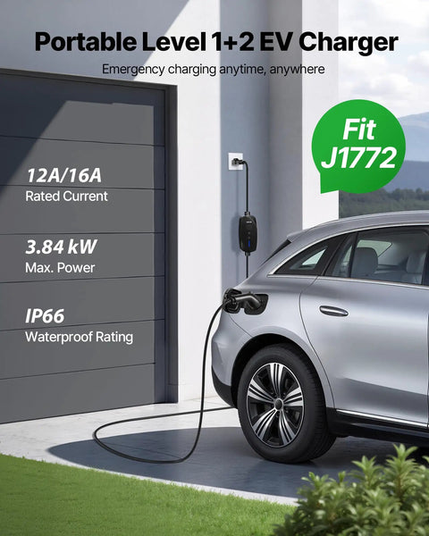 Charge Anywhere Level 1 and Level 2 Portable EV Charger with car connected in driveway, cable visible, J1772 compatible.
