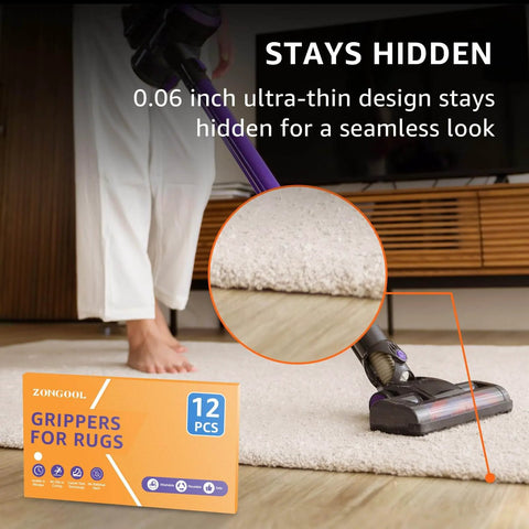 Non Slip Rug Tape 12 Pack Reusable Washable Grippers For Rugs in use on hardwood floor with vacuum