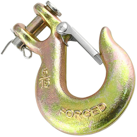 5/16 Chain Hook With Safety Latch Heavy Duty Clevis Slip Hook Grade 70 Forged Steel 14,000 Lbs Capacity Ideal For Towing, Rigging, And Industrial Construction Projects. zinc-plated clevis slip hook with safety latch