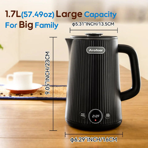 1.7L Large Electric Kettle With Temperature Control, 7 Cup Capacity For Coffee And Tea, 1200W Fast Boil, Black on Table