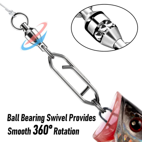 Close-up of 30 Pack Fishing Speed Clips Quick Change Snap Swivels with Ball Bearing Swivels for freshwater and saltwater use.
