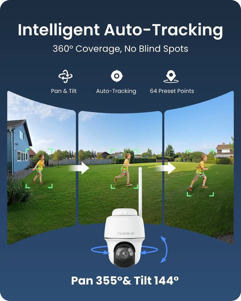 4K Solar Wireless Outdoor Security System With Color Night Vision 360 Degree Pan Tilt Auto Tracking Wi Fi 6 2.4 And 5 GHz Encrypted Local Storage No Subscription Home Hub Included 2X Argus PT Ultra demonstrating auto-tracking feature