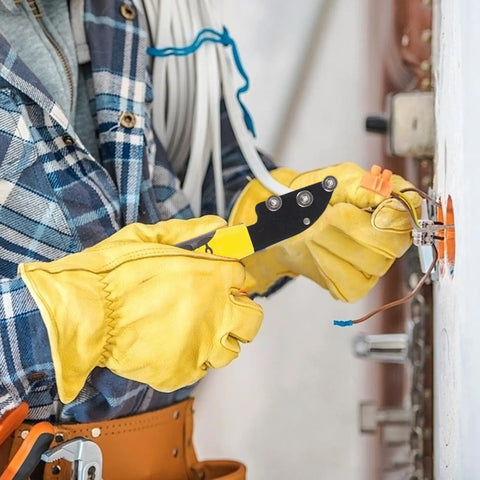 Electrician using Pro Cable Straightener Tool With No Slip Handle For Easy Wire Untwisting And Bending Manual Precision Looper Device.
