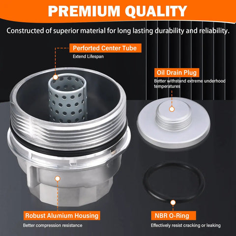 Oil Filter Housing Cap Assembly With Plug And Gasket Direct OEM Replacement For Camry RAV4 Highlander Sienna Tacoma Tundra 4Runner And Lexus RX350 ES350 featuring aluminum housing, perforated center tube, and NBR O-ring.