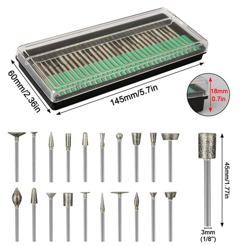 Stone carving diamond burr bit set, 50 pcs, 1/8 in shank, in plastic case for engraving, grinding and carving.