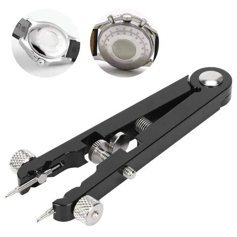 All-In-One Watch Spring Bar Removal Tool Set With Pliers And V Type Pins, shown with stainless steel pliers and close-up watch views