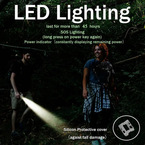 2024 Upgrade Waist Clip Fan Portable Personal Body Cooler with LED lighting, people using flashlight in forest at night