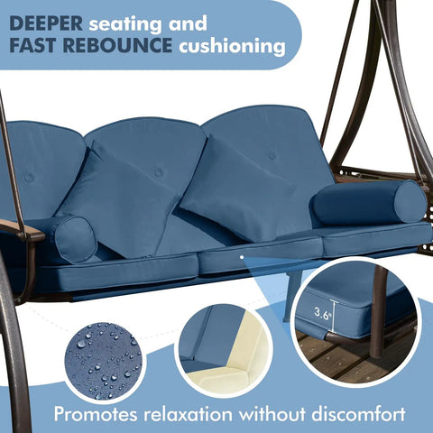 Three Seat Outdoor Patio Porch Swing With PVC Adjustable Hardtop showing cushioned seating and waterproof fabric details.