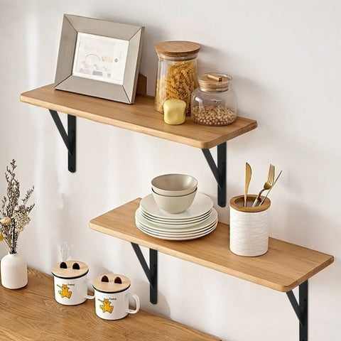 12 Pack Matte Black Heavy Duty Shelf Brackets With Screws Built Like A Tank For Rustic Home And Garage Shelving holding wooden shelves with dishes.