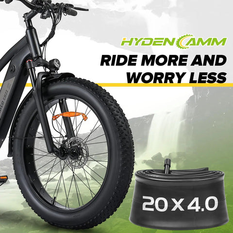 Fat Bike Inner Tube 20x3.5-4.5 Fits 20 Inch Fat Tires 32mm Schrader Valve Includes Tire Lever Heavy Duty Butyl Rubber For MTB Road E-Bike Durable Leak-Resistant Quick Install, shown with e-bike and waterfall