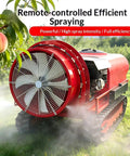 High Performance Remote Control Crawler Sprayer With Tracked Chassis For Tough Terrain among peach trees, showcasing powerful spray efficiency.