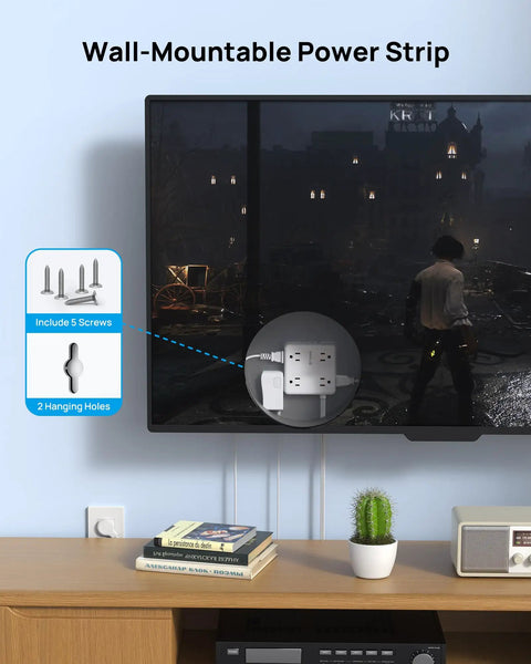 Hella Spaced Surge Protector Power Strip With Flat Plug Extension Cord And 5 Foot Cord mounted on wall behind TV with screws included.